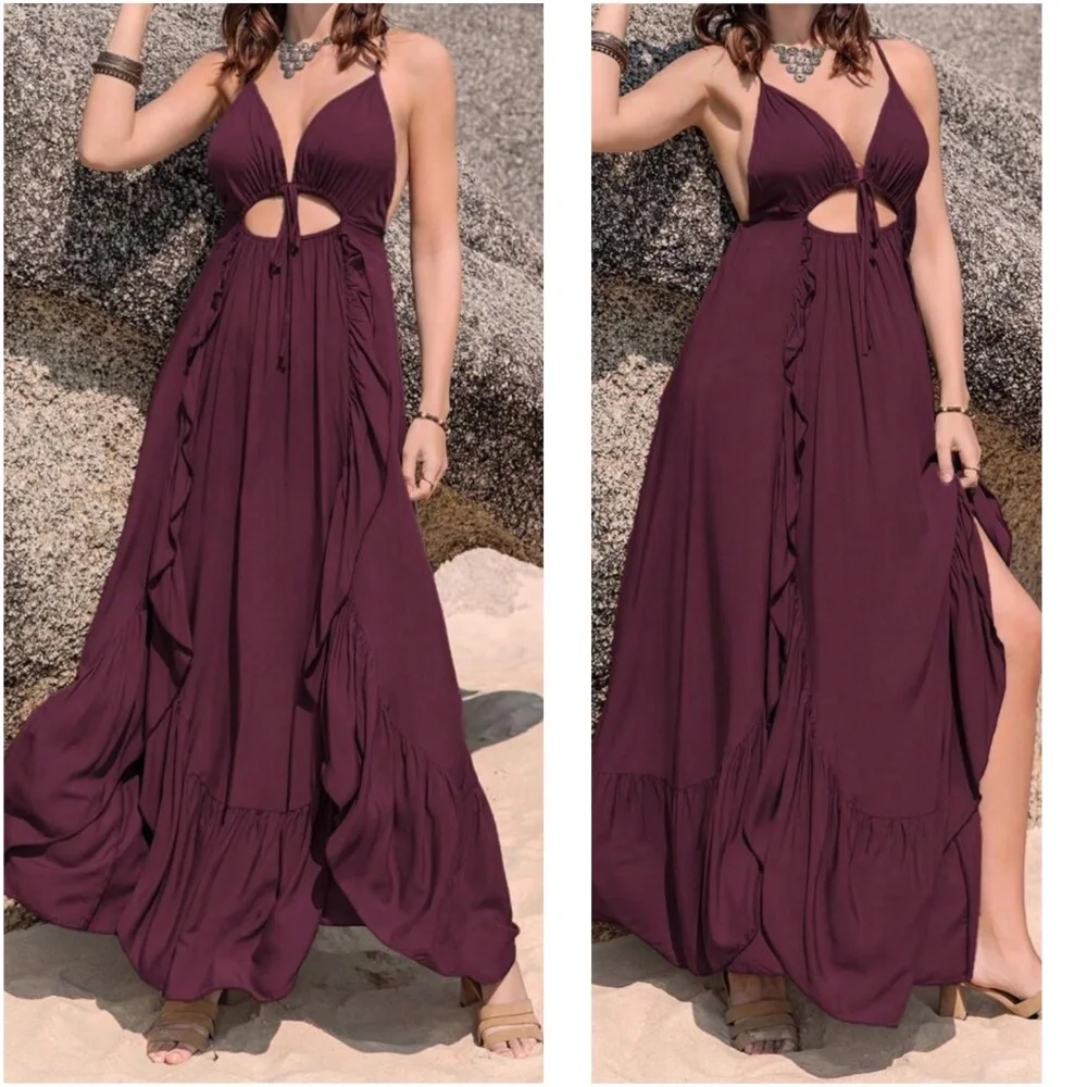 Ruffle Hem Criss Cross Backless Cami Maxi Dress - Picture 2 of 6